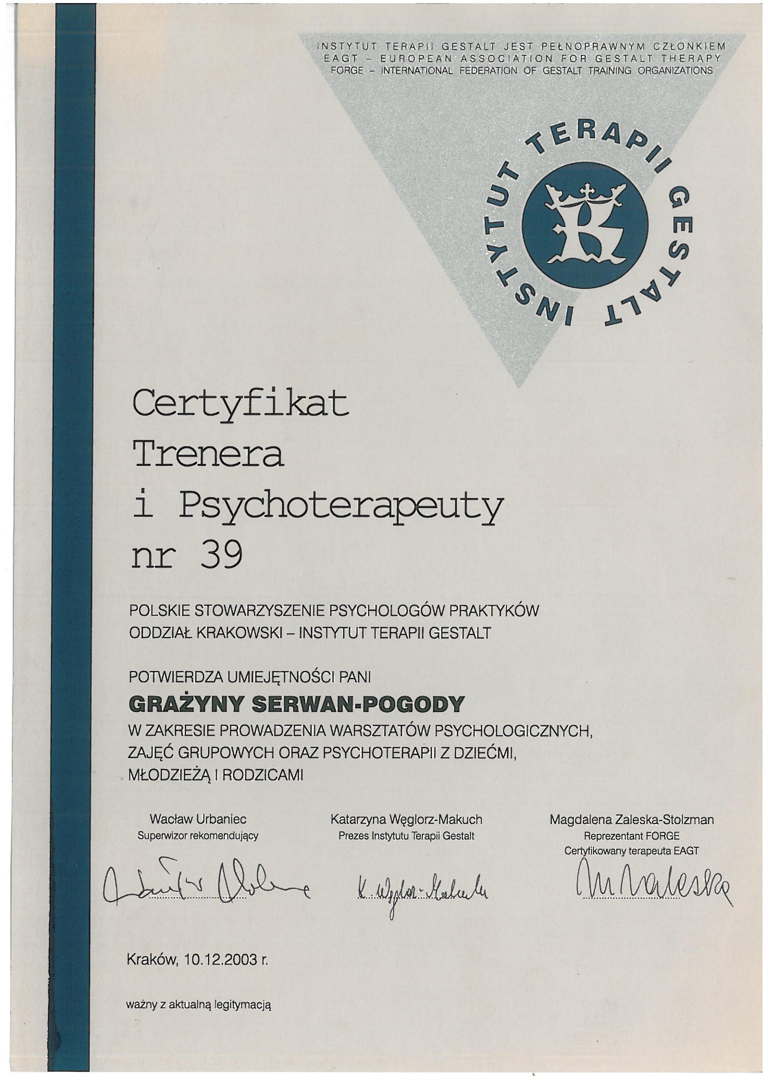 Certyfikat Trenera i Psychoterapeuty